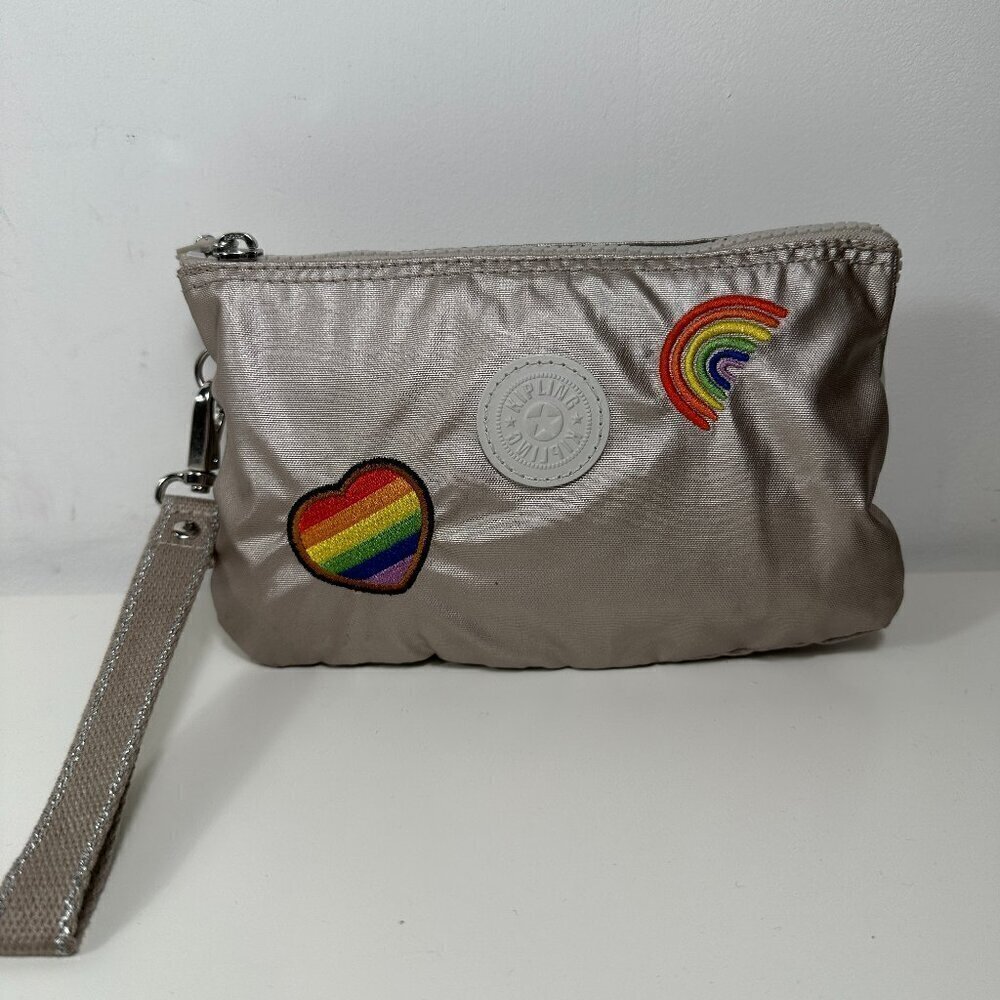 Kipling Rainbow Heart Embroidery Pink Metallic Wristlet Wallets